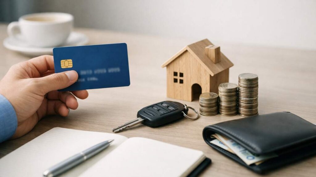 Mão segurando cartão de crédito ao lado de chaves, carteira, caderno, pilhas de moedas e miniatura de casa, simbolizando uso seguro do crédito.