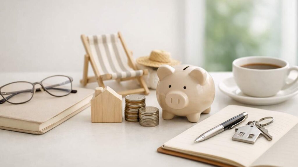 Cofrinho, pilhas de moedas, miniatura de casa, chaves, caderno, óculos, cadeira de praia e xícara de café, simbolizando planejamento financeiro para a aposentadoria.
